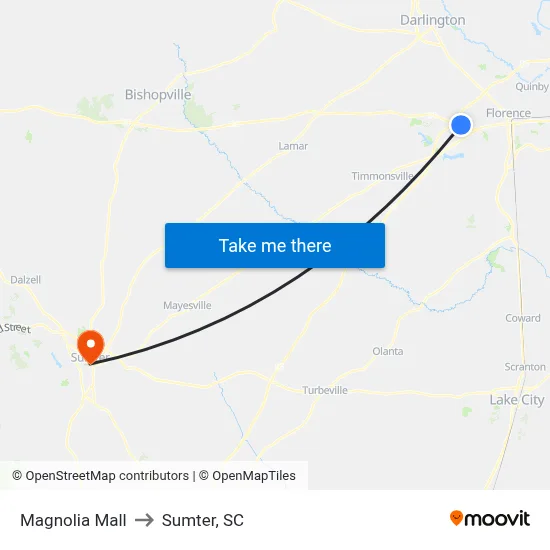 Magnolia Mall to Sumter, SC map
