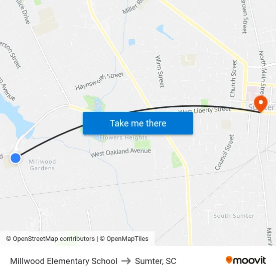Millwood Elementary School to Sumter, SC map