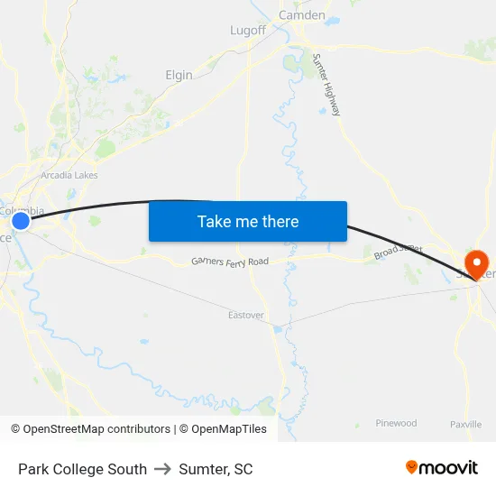 Park College South to Sumter, SC map