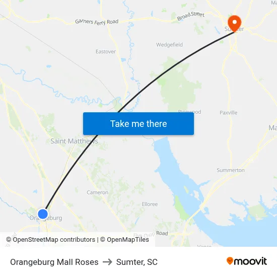 Orangeburg Mall Roses to Sumter, SC map