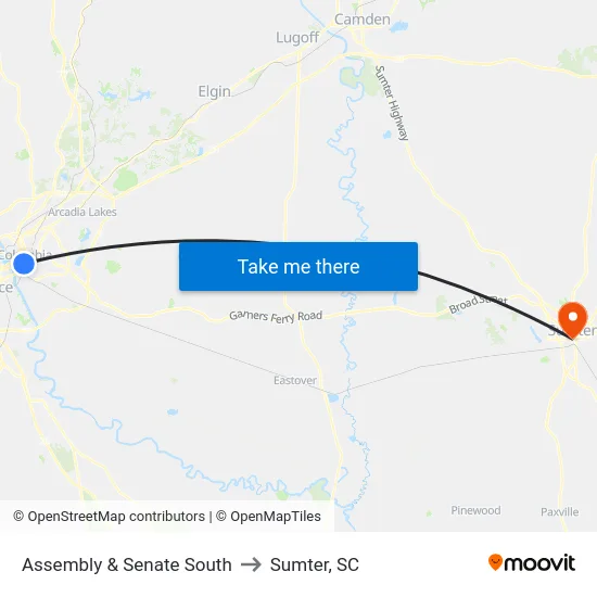 Assembly & Senate South to Sumter, SC map