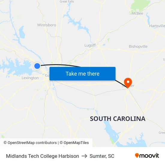 Midlands Tech College Harbison to Sumter, SC map