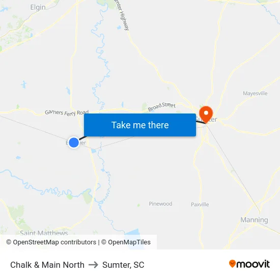 Chalk & Main North to Sumter, SC map