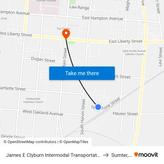James E Clyburn Intermodal Transportation Center to Sumter, SC map