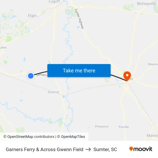 Garners Ferry & Across Gwenn Field to Sumter, SC map