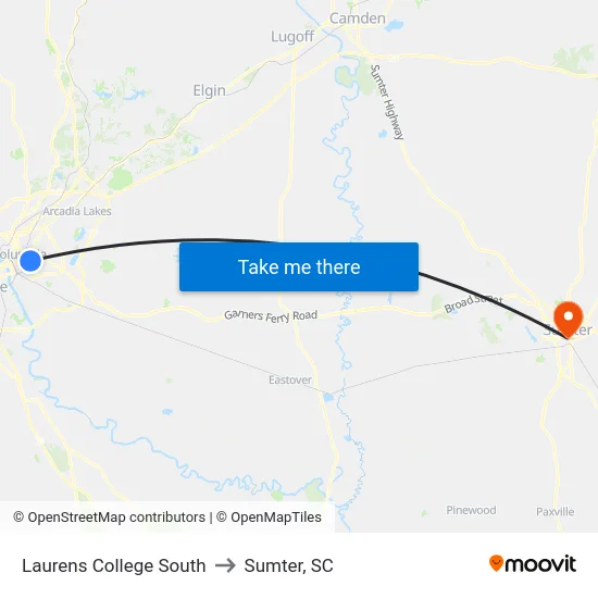 Laurens College South to Sumter, SC map