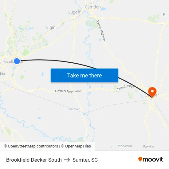 Brookfield Decker South to Sumter, SC map