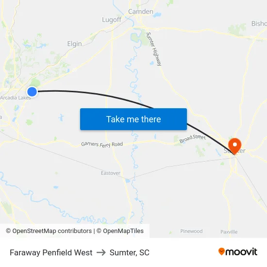 Faraway Penfield West to Sumter, SC map