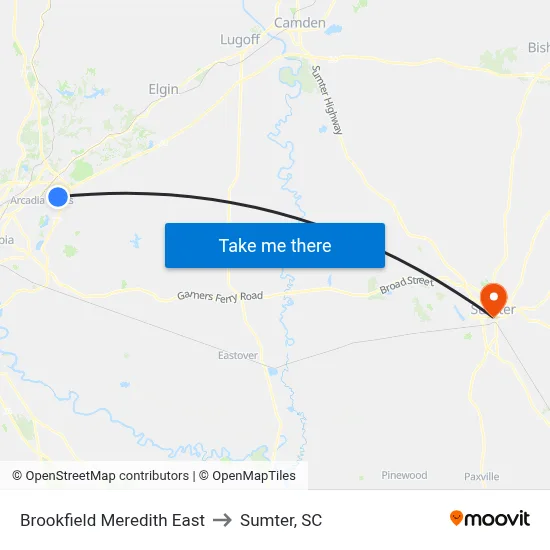 Brookfield Meredith East to Sumter, SC map