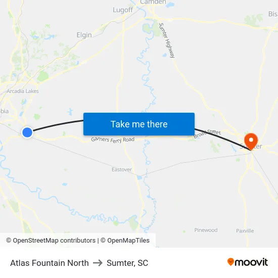 Atlas Fountain North to Sumter, SC map