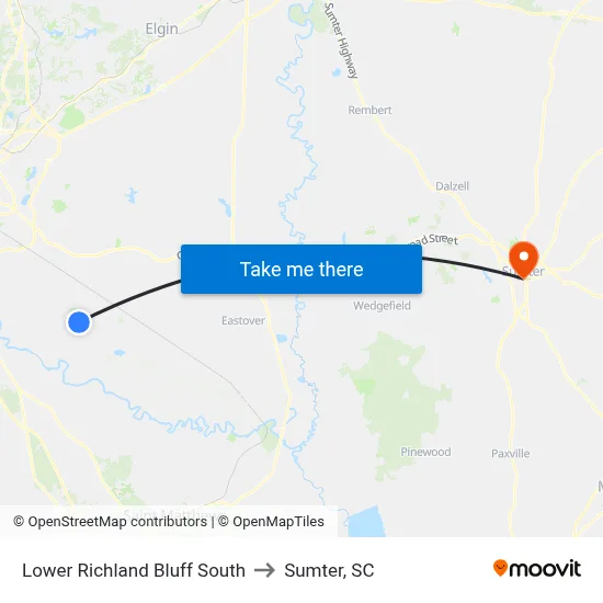 Lower Richland Bluff South to Sumter, SC map