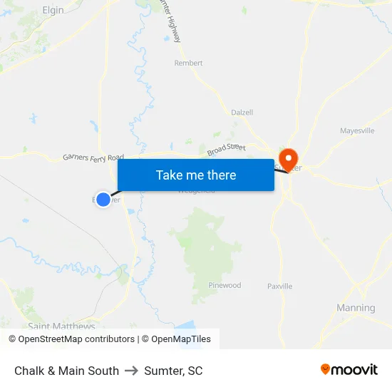Chalk & Main South to Sumter, SC map