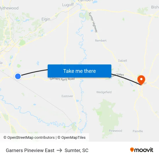 Garners Pineview East to Sumter, SC map