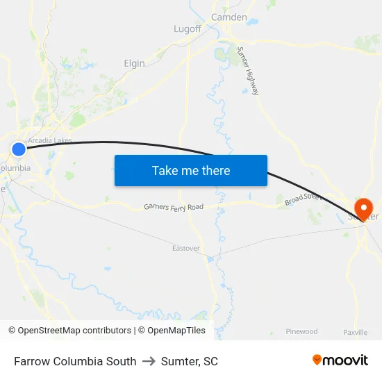 Farrow Columbia South to Sumter, SC map