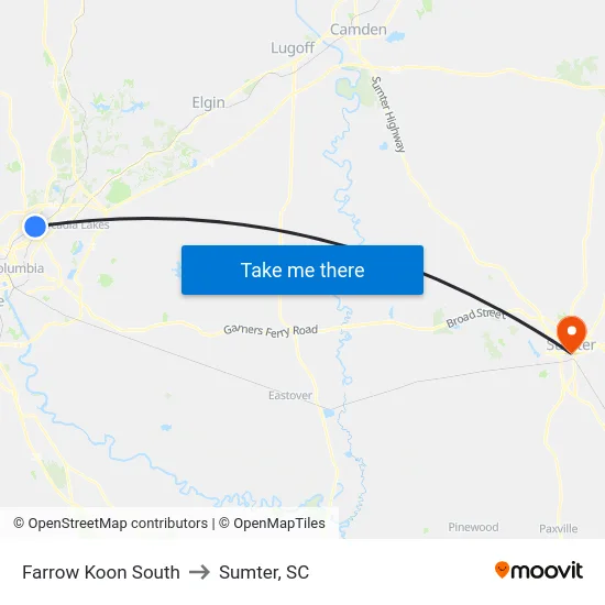 Farrow Koon South to Sumter, SC map