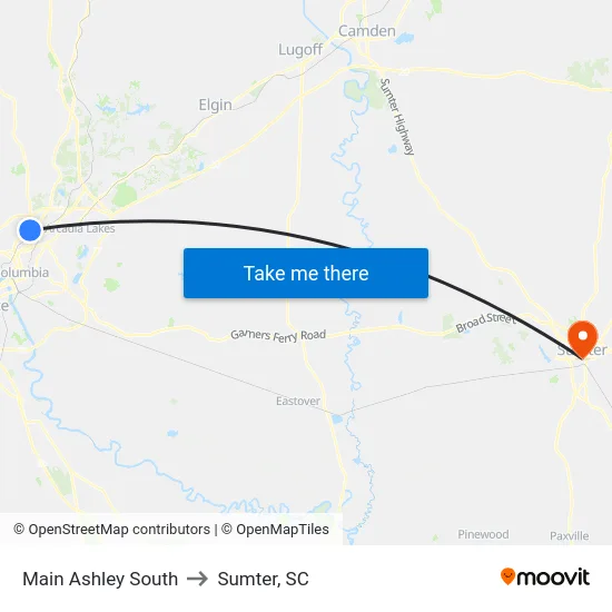Main Ashley South to Sumter, SC map