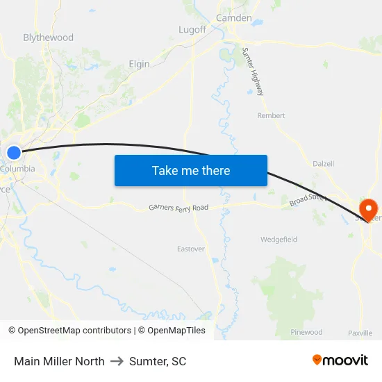 Main Miller North to Sumter, SC map