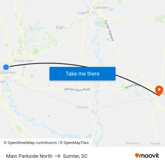 Main Parkside North to Sumter, SC map