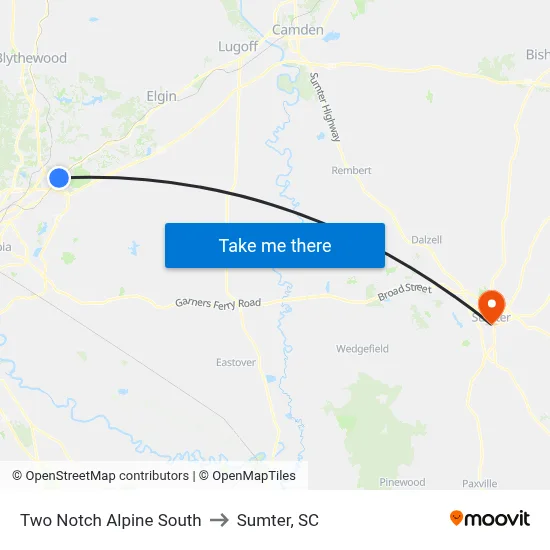 Two Notch Alpine South to Sumter, SC map