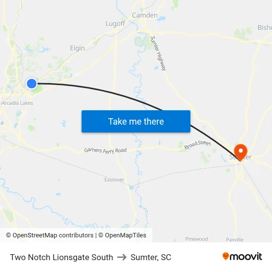 Two Notch Lionsgate South to Sumter, SC map