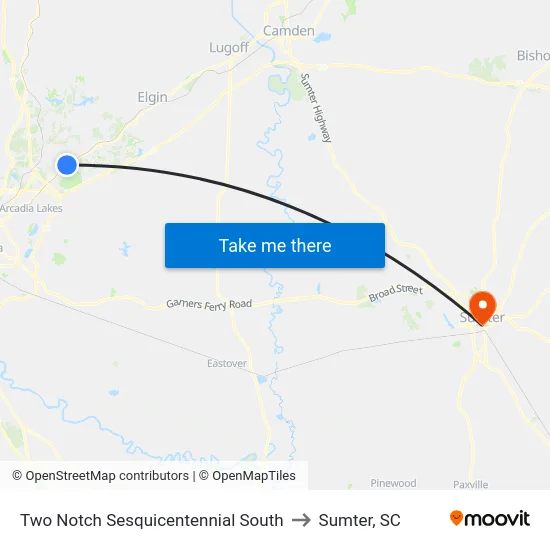 Two Notch Sesquicentennial South to Sumter, SC map