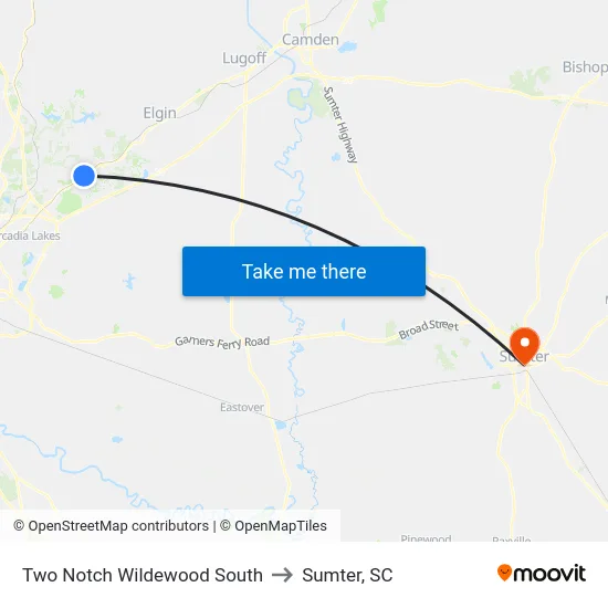 Two Notch Wildewood South to Sumter, SC map