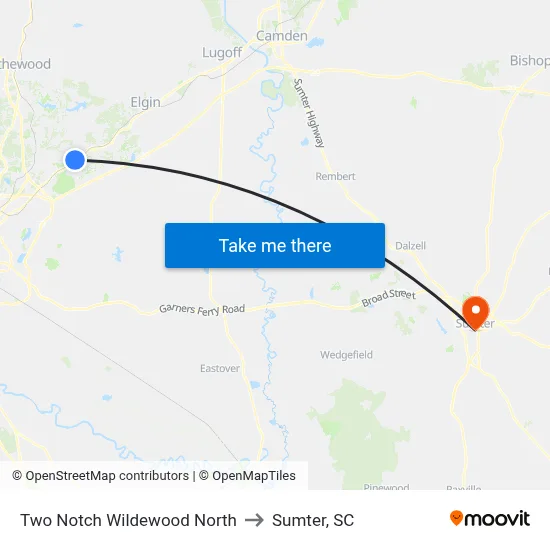 Two Notch Wildewood North to Sumter, SC map
