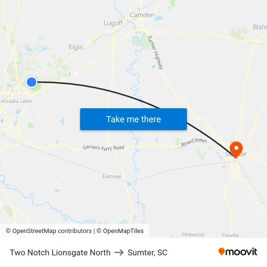 Two Notch Lionsgate North to Sumter, SC map