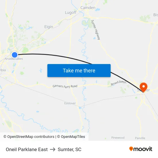 Oneil Parklane East to Sumter, SC map