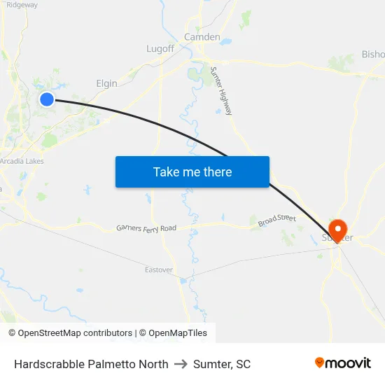 Hardscrabble Palmetto North to Sumter, SC map