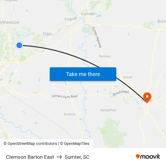 Clemson Barton East to Sumter, SC map