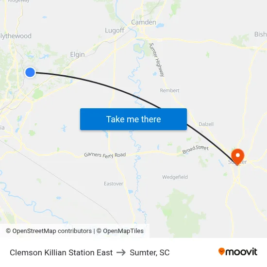 Clemson Killian Station East to Sumter, SC map