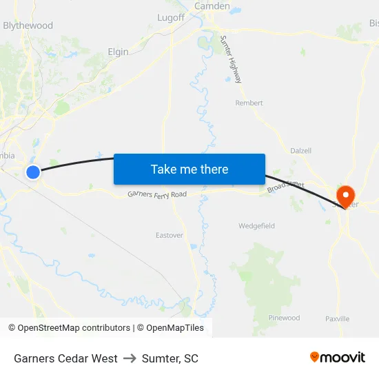 Garners Cedar West to Sumter, SC map