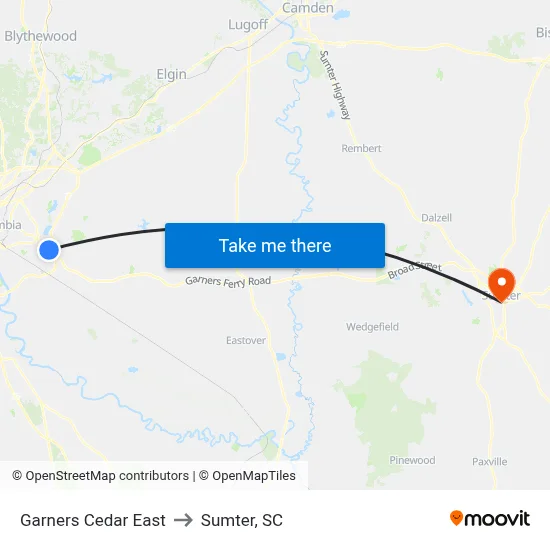 Garners Cedar East to Sumter, SC map