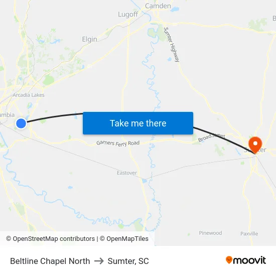 Beltline Chapel North to Sumter, SC map
