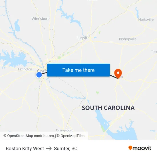 Boston Kitty West to Sumter, SC map