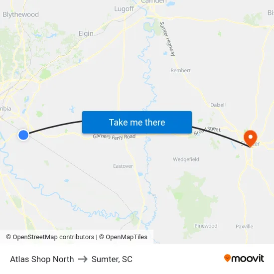 Atlas Shop North to Sumter, SC map