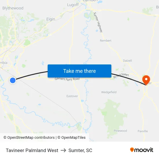 Tavineer Palmland West to Sumter, SC map