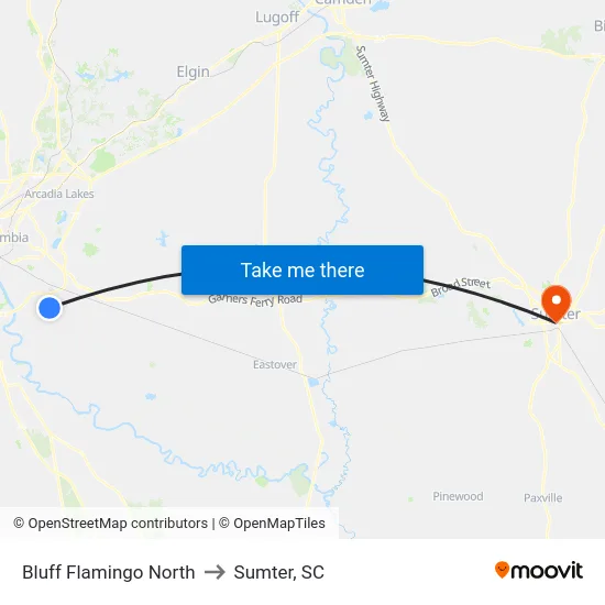 Bluff Flamingo North to Sumter, SC map