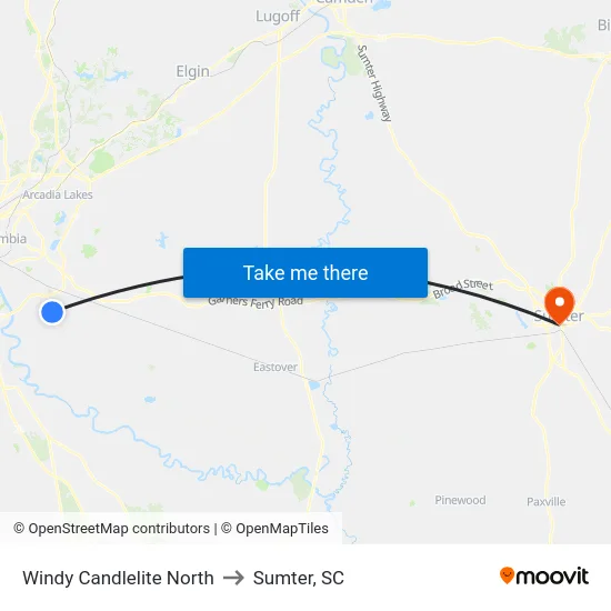 Windy Candlelite North to Sumter, SC map