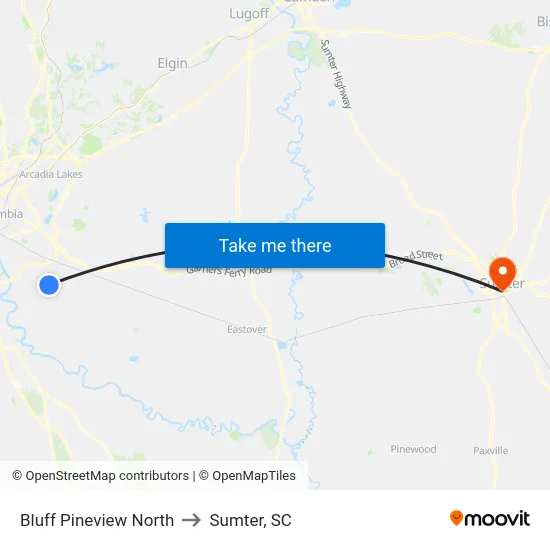 Bluff Pineview North to Sumter, SC map