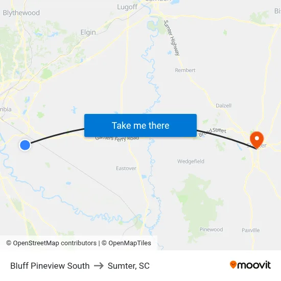 Bluff Pineview South to Sumter, SC map
