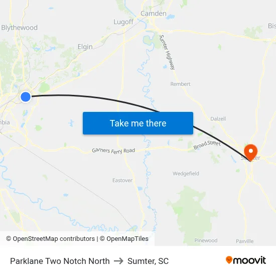 Parklane Two Notch North to Sumter, SC map