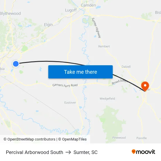 Percival Arborwood South to Sumter, SC map