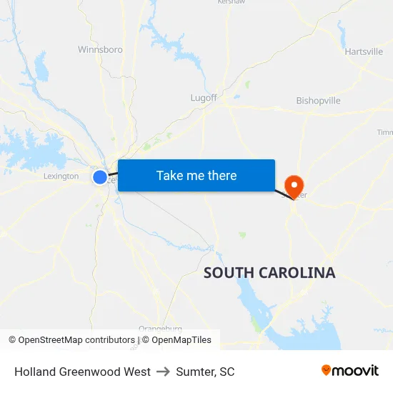 Holland Greenwood West to Sumter, SC map
