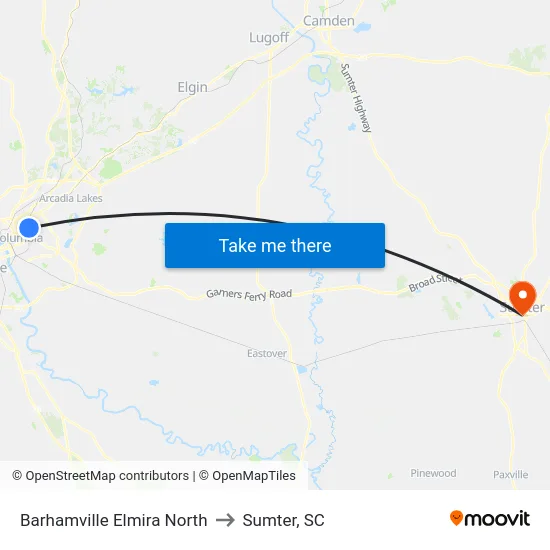 Barhamville Elmira North to Sumter, SC map