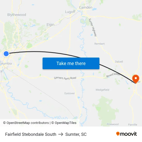 Fairfield Stebondale South to Sumter, SC map