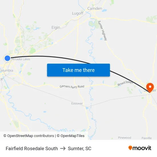 Fairfield Rosedale South to Sumter, SC map