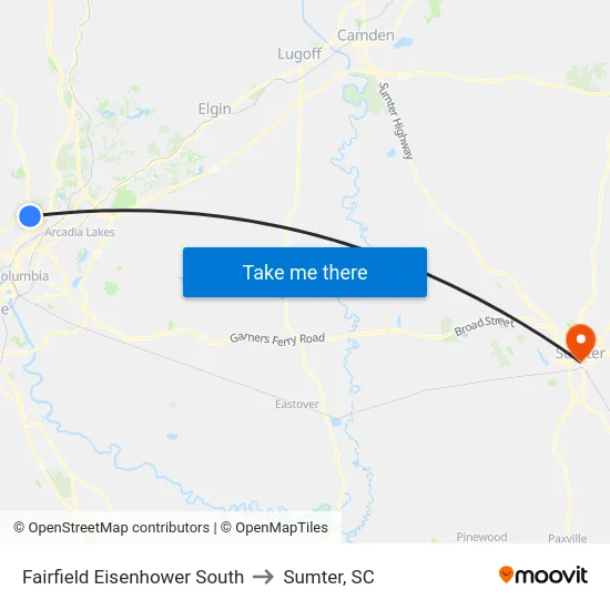 Fairfield Eisenhower South to Sumter, SC map