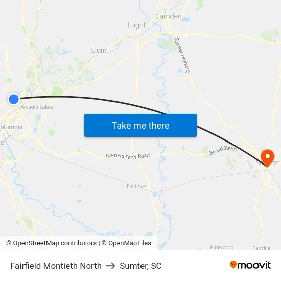 Fairfield Montieth North to Sumter, SC map